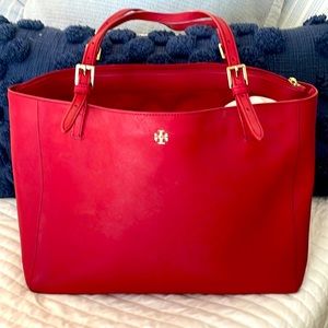 Tory Burch Tote Bag. Red color. Worn on handles and a little bit inside.